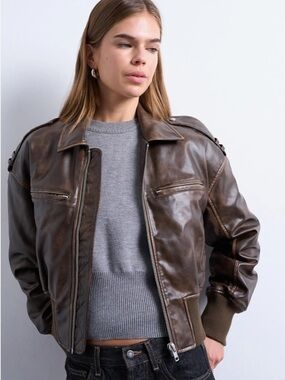 Topshop Faux Leather Ovoid Sleeve Bomber Jacket